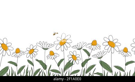 Nahtlose Grenze von Gänseblümchen Hand in vereinfachte Kinder Cartoon gezeichnet Naiver Stil auf weißem Hintergrund.nette Biene auf Blume sitzend.für Design Der Website Stockfoto