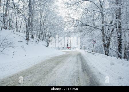 Straße in Sabaduri Wald mit bedecktem Schnee. Winterzeit Stockfoto