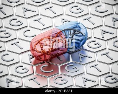 Kapsel mit DNA-Helix auf Adenin, Thymin, Cytosin und Guanin Hintergrund. 3D Abbildung. Stockfoto