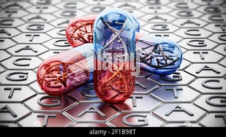 Kapsel mit DNA-Helix auf Adenin, Thymin, Cytosin und Guanin Hintergrund. 3D Abbildung. Stockfoto