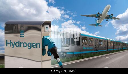 Eine Wasserstofftankstelle auf einem Hintergrund von Brennstoffzellenzug und Flugzeug. Neue Energiequellen Stockfoto