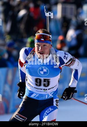 Ondrej Moravec aus Tschechien tritt am Samstag, den 6. März 2021, beim 10-km-Rennen der Männer beim Biathlon-Weltcup in Nove Mesto na Morave, Tschechien, an. (CTK Photo/Lubos Pavlicek) Stockfoto