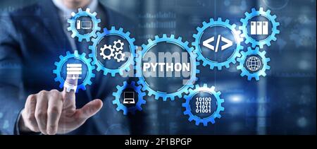 Python High Level Programmiersprache. Kommunikationstechnologie-Konzept. Stockfoto