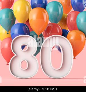 Happy 80th Geburtstag Hintergrund mit bunten Ballons. 3D Rendering Stockfoto