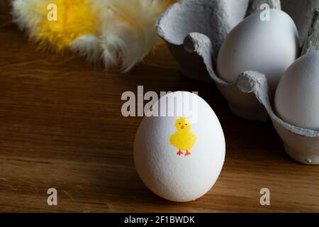 Osterdekoration zum Frühstück mit niedlichem Osterhuhn auf weißem Ei bemalt vor Federn und Eierkarton auf dem Holztisch platziert. Stockfoto