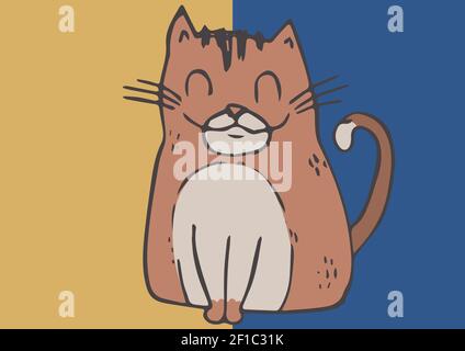 Illustration einer lächelnden braunen Katze mit geschlossenen Augen auf blau Und gelber Hintergrund Stockfoto