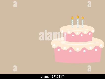 Illustration von rosa Geburtstagskuchen mit drei Kerzen auf beige Hintergrund Stockfoto