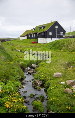 Schöne Aussicht auf die Färöer Inseln. Wasserfälle und malerische Häuser, grünes Gras Stockfoto