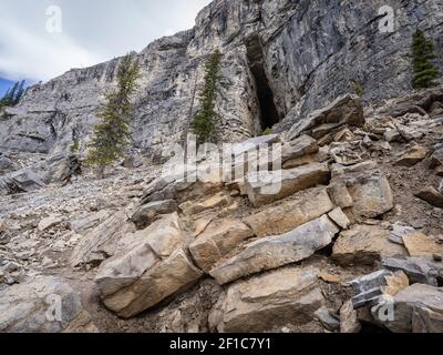 Eintritt in die Höhle am felsigen Hang des Berges, aufgenommen in den kanadischen Rockies auf dem Kananaskis Ice Cave Trail, Alberta, Kanada Stockfoto