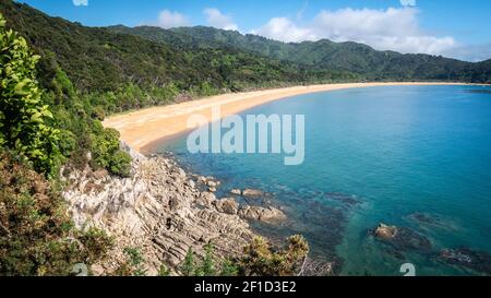 Blick auf den tropischen Strand mit goldenem Sand und azurblauem Wasser. Landschaftsaufnahme im Abel Tasman National Park, Neuseeland Stockfoto