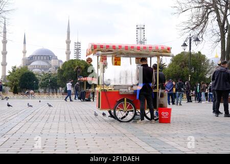 Ein Straßenverkäufer verkaufte ein Kastanien und Mais in Vorderseite der Hagia sophia Moschee in sultanahmet Platz und blau Moschee Hintergrund bei bewölktem Wetter Stockfoto