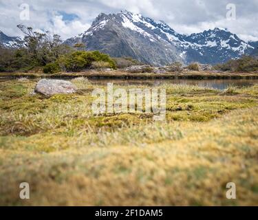 Blick auf die von Wolken umhüllten Berggipfel mit trockenen Gräsern und einem kleinen Teich im Vordergrund. Gedreht auf Routeburn Track, Neuseeland Stockfoto