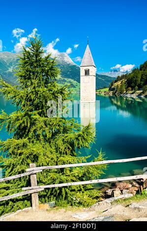 Untergetauchte Glockenturm von Curon am Reschensee in Südtirol, Italien Stockfoto