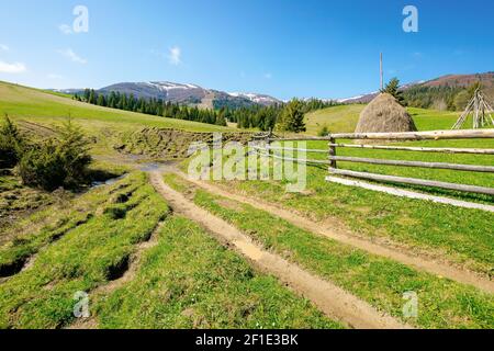 Ländliche Landschaft in den Bergen. Holzzaun entlang des Weges durch grasbewachsene Felder auf sanften Hügeln. Schneebedeckter Bergrücken in der Ferne unter einem blauen Himmel Stockfoto