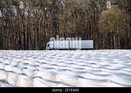 Niederrheinlandwirtschaft, Frühsaison, Spargelanbau im Frühjahr, unter Plastikfolie, Folientunnel, Spargelfeld, Landschaft unter Plastik Stockfoto