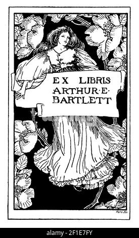 Weibliche Figur mit floralen Rand Exlibris für Arthur E entworfen Bartlett vom britischen Illustrator Robert Anning Bell Stockfoto