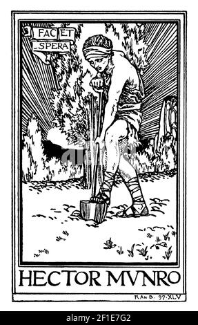 Hector Munro, man Digging with latin Motto fac et spera, Do and Hope, 1897 Exlibritischer Illustrator Robert Anning Bell Stockfoto