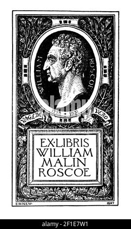 Klassisches Exlibris für Autor und Dichter William Malin Roscoe (1753-1831) Entworfen 1897 vom englischen Buchillustrator Edmund Hort New Stockfoto