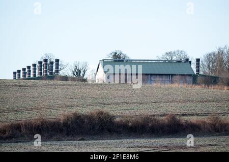 08. März 2021, Schleswig-Holstein, Kühren: Blick auf eine Geflügelfarm im Landkreis Plön. In dem Betrieb mit etwa 76 000 Legehennen wurde ein Fall von Geflügelpest festgestellt. (Zu "Vogelgrippe in Bauernhof mit 76 000 Hühnern im Bezirk Plön nachgewiesen") Foto: Daniel Bockwoldt/dpa Stockfoto