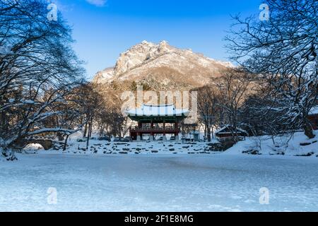 Baekyangsa Tempel, der Morgen von Naejangsan mit Schnee bedeckt, Winterlandschaft in Korea. Stockfoto