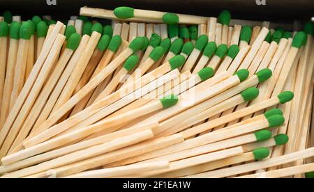 Wood Stiel Green Tip Passt In Box Streichhölzer Stockfoto