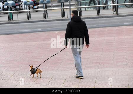 Rückansicht eines Mannes, der mit seinem Hund auf einem Platz läuft. Echte Menschen, realer Moment, reales Leben. Stockfoto