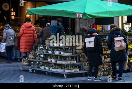 Leipzig, Deutschland. März 2021, 08th. Kunden erhalten einen Überblick über das Angebot eines Blumenshops im Zentrum von Leipzig. Ab diesem Montag können Blumenläden unter bestimmten Bedingungen wieder geöffnet werden. Quelle: Hendrik Schmidt/dpa-Zentralbild/ZB/dpa/Alamy Live News Stockfoto