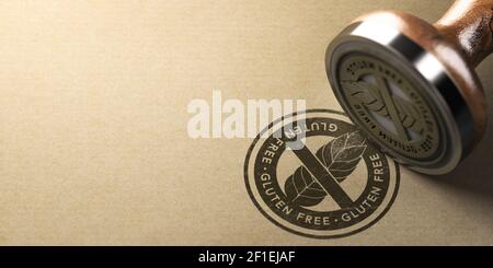 Gummistempel mit dem Etikett glutenfrei auf braunem Papierhintergrund mit Copyspace auf der linken Seite gedruckt. Stockfoto