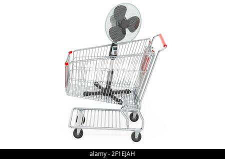 Warenkorb mit Standventilator. 3D Rendering isoliert auf weißem Hintergrund Stockfoto