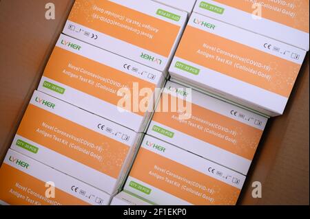 Dresden, Deutschland. März 2021, 08th. Zahlreiche Lyher Coronavirus-Antigen-Tests befinden sich in einer Box vor Beginn eines schnellen Antigen-Tests. Ab sofort können Dresdner einmal pro Woche kostenlos getestet werden. Quelle: Sebastian Kahnert/dpa-Zentralbild/dpa/Alamy Live News Stockfoto