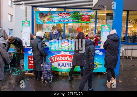 Verkaufsstand Karpfen vor Weihnachten, Zizkov, Prag, Tschechische Republik Stockfoto