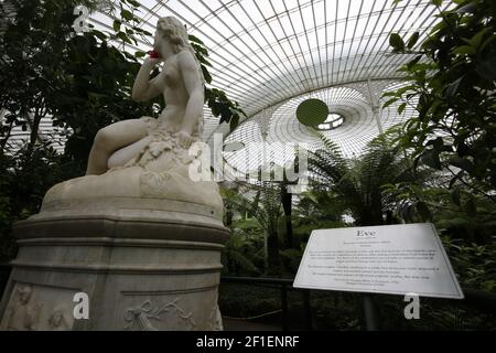 730 Great Western Rd, Glasgow G12 0UE, Schottland, Großbritannien. Glasgow Botanic Gardens ist ein botanischer Garten im West End von Glasgow, Schottland. Es verfügt über mehrere Gewächshäuser, von denen die bemerkenswerteste ist der Kibble Palace.John Kibble baute sein Gewächshaus im Jahr 1860s, als privater Wintergarten für sein Haus in Coulport auf Loch Long. Es wurde abgebaut und 1873 nach Glasgow verlegt und in den Gärten wieder aufgebaut. Ursprünglich war es ein Ort der Unterhaltung, in der 1880s Belüftung hinzugefügt wurde und Pflanzen eingeführt wurden.die Marmorstatue von Eve, c,1880 von der italienischen Bildhauer Scipione Tadolini, Stockfoto