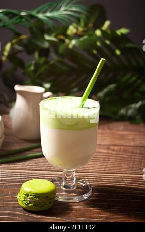 Dalgona Matcha Latte, cremiger Matcha grüner Tee mit Pflanze auf dem Hintergrund. Stockfoto