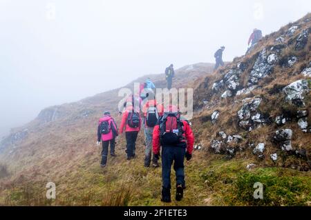 Bergwanderer wandern bei nebligen Wetter, Ardara, County Donegal, Irland Stockfoto