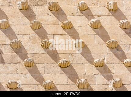 Detail der Muscheln in der Casa de las Conchas in Salamanca, Spanien. Außenaufnahme aus dem öffentlichen Stockwerk Stockfoto