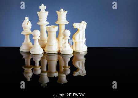 Weiße Schachfiguren auf schwarzem Acryl mit Reflektion und Blau Hintergrund Stockfoto