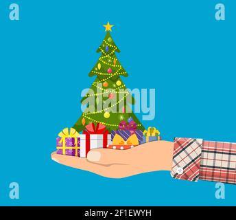 Weihnachtsbaum mit bunten Kugeln geschmückt, Stock Vektor