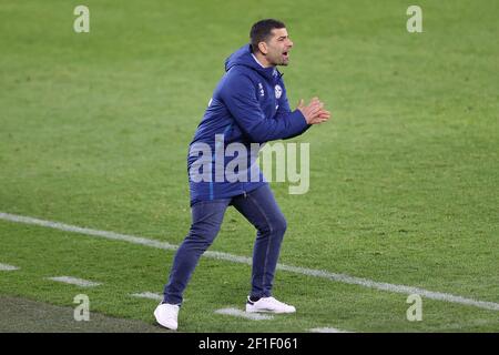 Trainer Diwidrios GRAMMOZIS (GE) Geste, Geste, Fußball 1st Bundesliga, 24th Spieltag, FC Schalke 04 (GE) - FSV FSV FSV Mainz 05 (MZ) 0: 0, am 5th. März 2021 in Gelsenkirchen. Foto: Juergen Fromme/firosportphoto/Pool via FOTOAGENTUR SVEN SIMON # die DFL-Bestimmungen verbieten die Verwendung von Fotografien als Bildsequenzen und/oder quasi-Video # redaktionelle Verwendung # Nationale und Internationale Nachrichtenagenturen WELTWEIT ZUR Nutzung Stockfoto