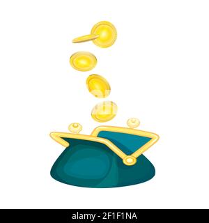 Offene Geldbörse mit Goldmünzen regnet zu öffnen Geldbörse isoliert auf weißem Hintergrund. Fallende Goldmünzen und Brieftasche. Geld Regen. Vektorgrafik für Aktien Stock Vektor