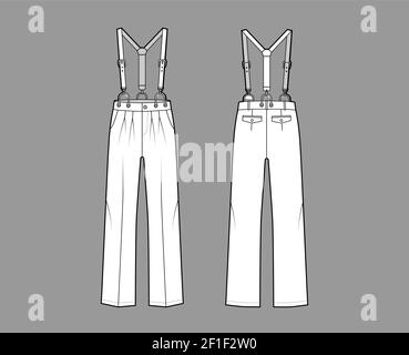 Hosenträger Hose Latzhose technische Mode Illustration mit voller Länge, niedrige Taille, Bund, Taschen. Flatwear Kleidungsstück unten vorne hinten, weiß Farbe Stil. Frauen, Männer Unisex CAD mockup Stock Vektor