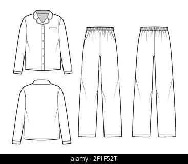 Set von Sleepwear Pyjamas Hemd, Hose technische Mode Illustration mit voller Länge, übergroß, Taschen, Knopfverschluss, lange Ärmel. Flatfront hinten, weiß in Form. Frauen Männer Unisex CAD mockup Stock Vektor