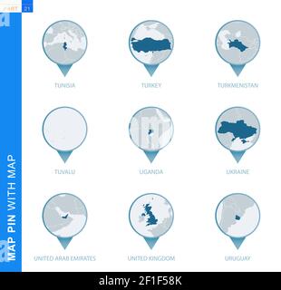 Sammlung von Kartenstecknadeln mit detaillierter Karte und Nachbarländern, 9 Kartenstecknadeln von Tunesien, Türkei, Turkmenistan, Tuvalu, Uganda, Ukraine, Vereinigte Arabische E Stock Vektor