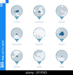Sammlung von Kartenstecknadeln mit detaillierter Karte und Nachbarländern, 9 Kartenstecknadeln von Österreich, Aserbaidschan, Bahrain, Bangladesch, Barbados, Belarus, Belgien, Stock Vektor