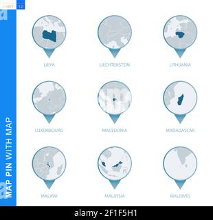 Sammlung von Kartenstecknadel mit detaillierter Karte und Nachbarländern, 9 Kartenstecknadeln von Libyen, Liechtenstein, Litauen, Luxemburg, Mazedonien, Madagaskar, M Stock Vektor