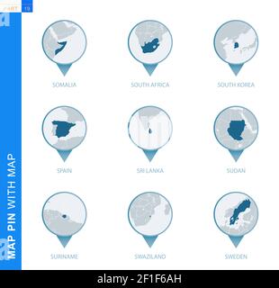 Sammlung von Kartenstecknadeln mit detaillierter Karte und Nachbarländern, 9 Kartenstecknadeln von Somalia, Südafrika, Südkorea, Spanien, Sri Lanka, Sudan, Surinam Stock Vektor