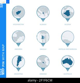 Sammlung von Kartenstecknadeln mit detaillierter Karte und Nachbarländern, 9 Kartenstecknadeln von Afghanistan, Albanien, Algerien, Andorra, Angola, Antigua und Barbuda, Stock Vektor