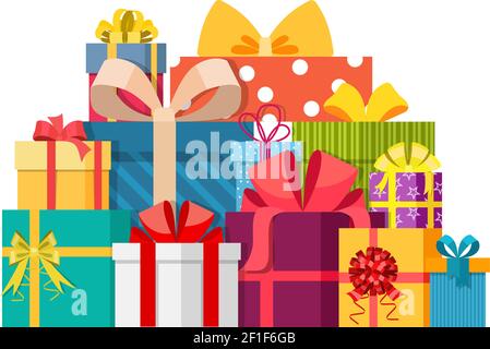 Haufen bunt verpackte Geschenkboxen. Stock Vektor