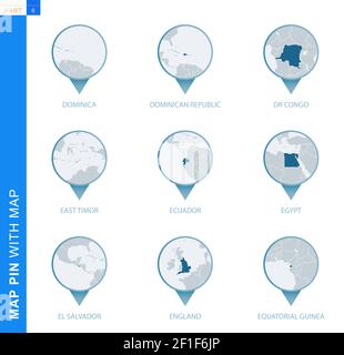 Sammlung von Kartenstecknadeln mit detaillierter Karte und Nachbarländern, 9 Kartenstecknadeln von Dominica, Dominikanische Republik, DR Kongo, Osttimor, Ecuador, Ägypten, E Stock Vektor