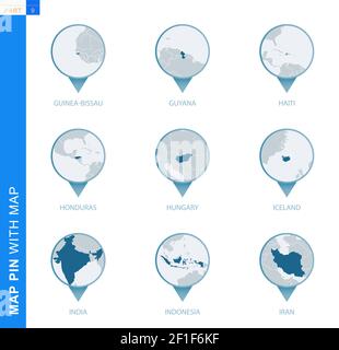Sammlung von Kartenstecknadeln mit detaillierter Karte und Nachbarländern, 9 Kartenstecknadeln von Guinea-Bissau, Guyana, Haiti, Honduras, Ungarn, Island, Indien, Indo Stock Vektor