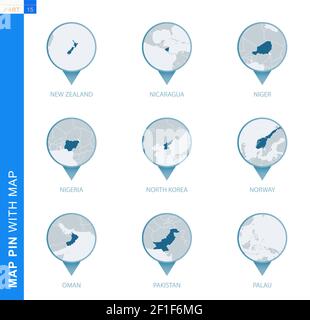 Sammlung von Kartenstecknadeln mit detaillierter Karte und Nachbarländern, 9 Kartenstecknadeln von Neuseeland, Nicaragua, Niger, Nigeria, Nordkorea, Norwegen, Oman, Pa Stock Vektor